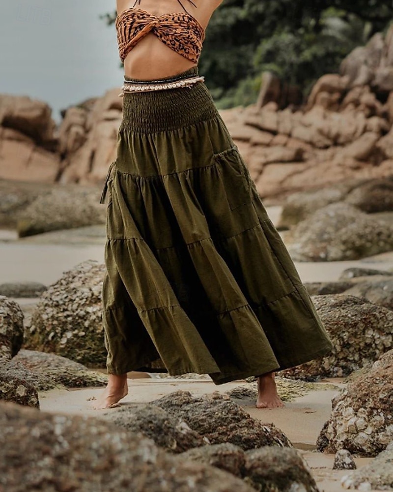 Femmes Jupe Évasé Occasionnel Maxi Taille Basse Jupes Uni Froncé Micro-Élastique Vacances Rue Noir Blanche Jaune Vert Véronèse Automne Coton de 2025 ? $22.99 –P8
