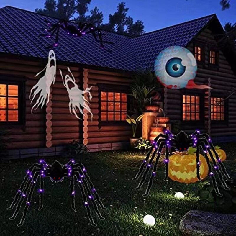ديكور عنكبوت الهالوين مع أضواء LED أرجوانية، ديكورات عنكبوت الهالوين الخارجية، دعامات عنكبوت سوداء مخيفة واقعية للفناء والمنزل وديكور الحفلات المخيف 2025 - $13.49 –P10