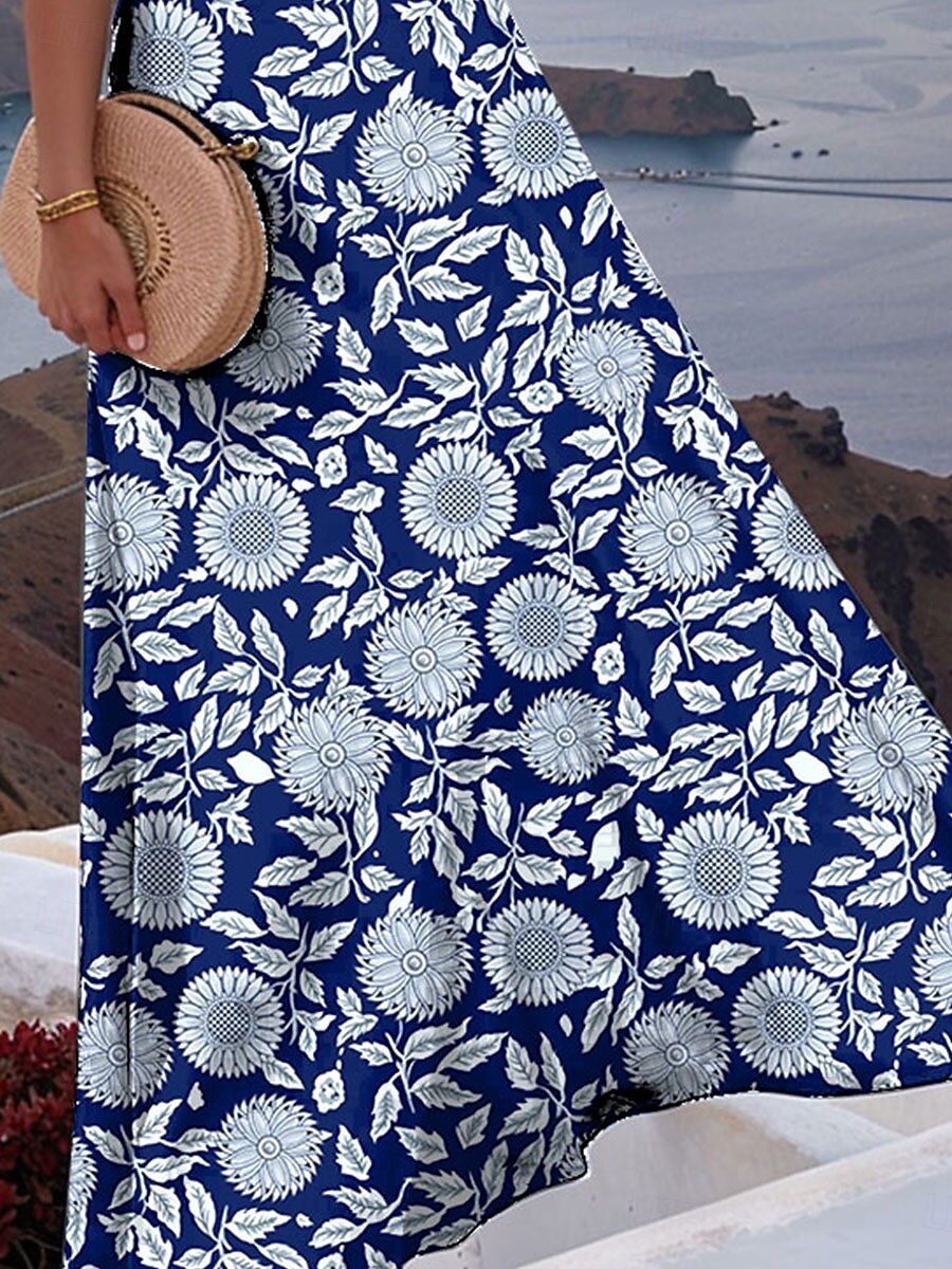 Damen Maxikleid A Linie Kleid Schulterfreies Kleid Urlaub Lässig Boho Party Normale Passform Blumen Grafik Ärmellos Quadrathals Blau Sommer Frühling 2025 - $27.99 –P3