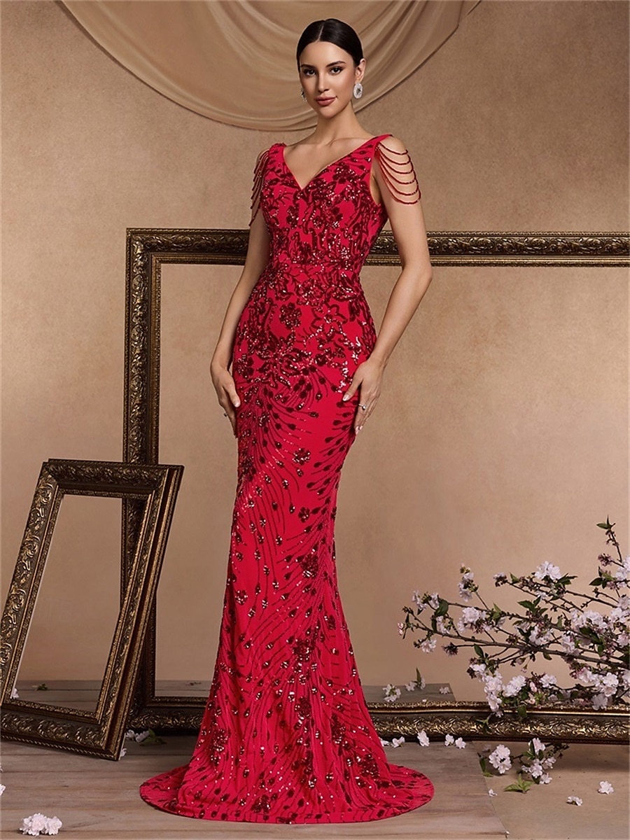 Vestidos de quinceañera de sirena/trumpet vestido elegante boda invitada de boda larga sin mangas con cuello de pico poliéster sin espalda con lentejuelas 2025 - $109.99 –P4