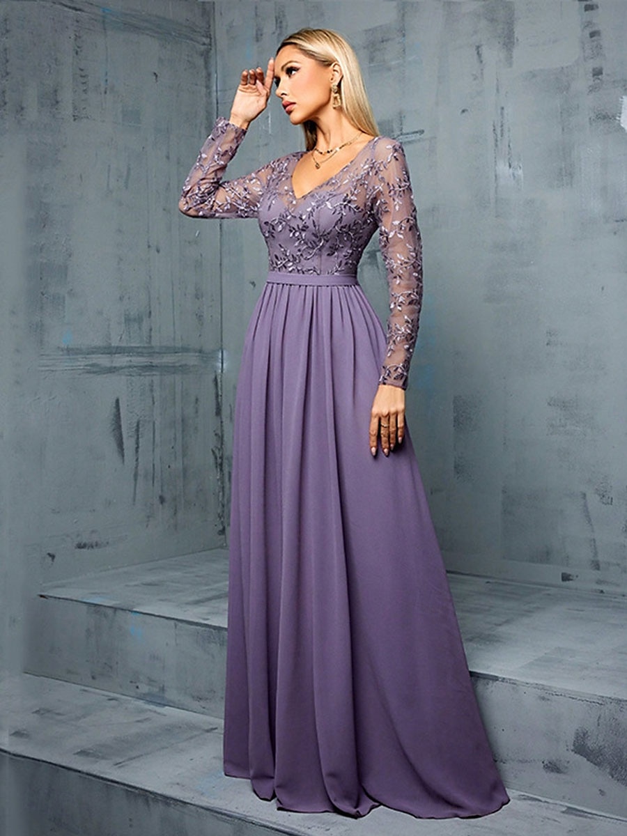 A-Lijn Quinceanera Jurken Elegante Jurk Formele Bruiloft Vloerlengte Lange Mouw V-Hals Chiffon met Plooien 2025 - $109.99 –P5