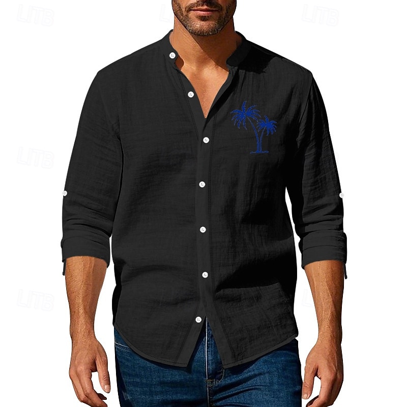 Herren Hemd Leinenhemd Freizeithemd Knopfhemd Baumwollhemd Kokospalme Urlaub Hawaiianisch Schwarz Weiß Khaki Grau Langarm Stehkragen Sommer Frühling Bekleidung Druck 2025 - $26.99 –P12