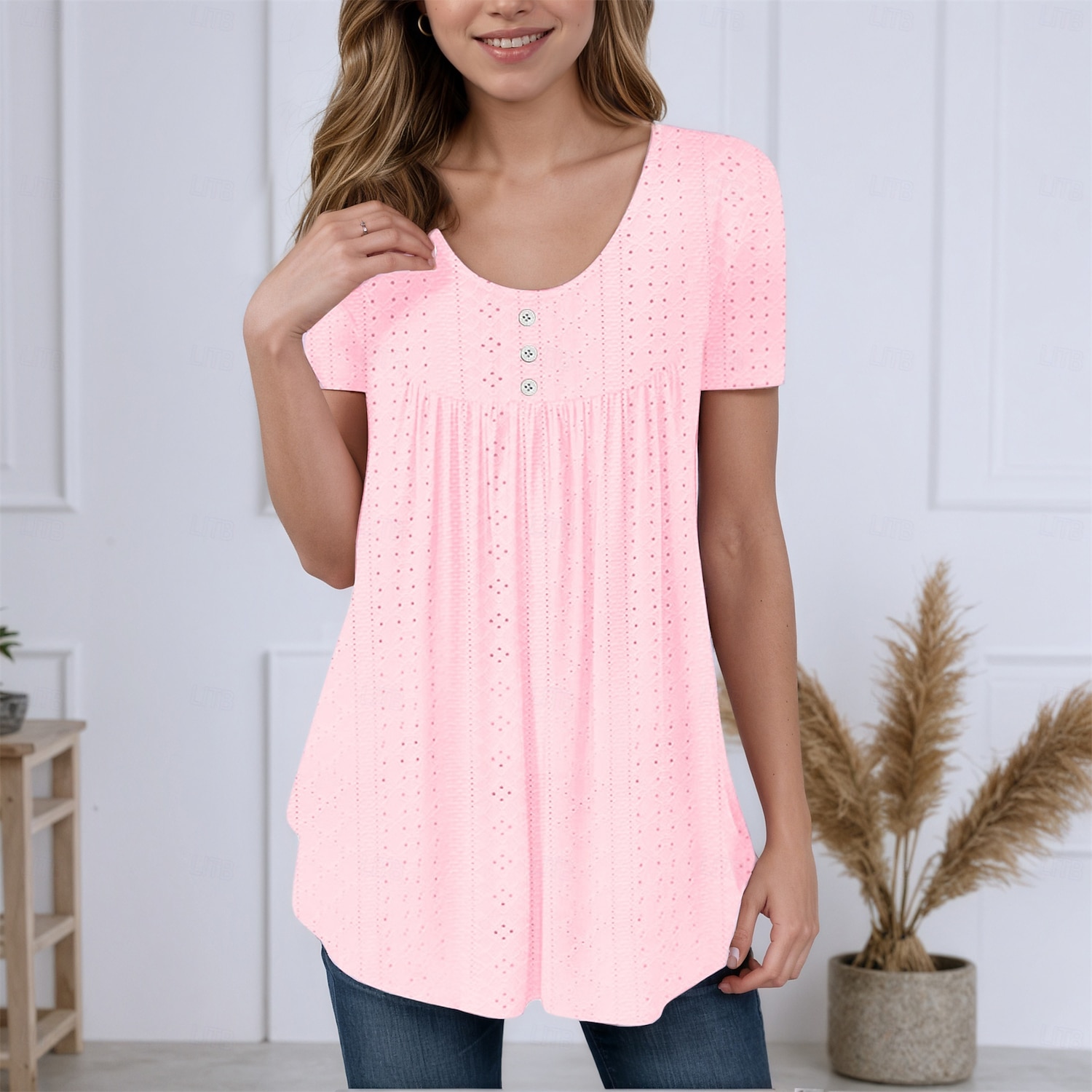 Women's Texture Blouse Eyelet Top Pointelle Tee Tunic Eyelet Buttons Asymmetrical Plain Stylish Casual Short Sleeve Crew Neck Long Tops Casual Daily Beach White Pink Purple Green Light Blue Summer 2026 - $25.99 –P2