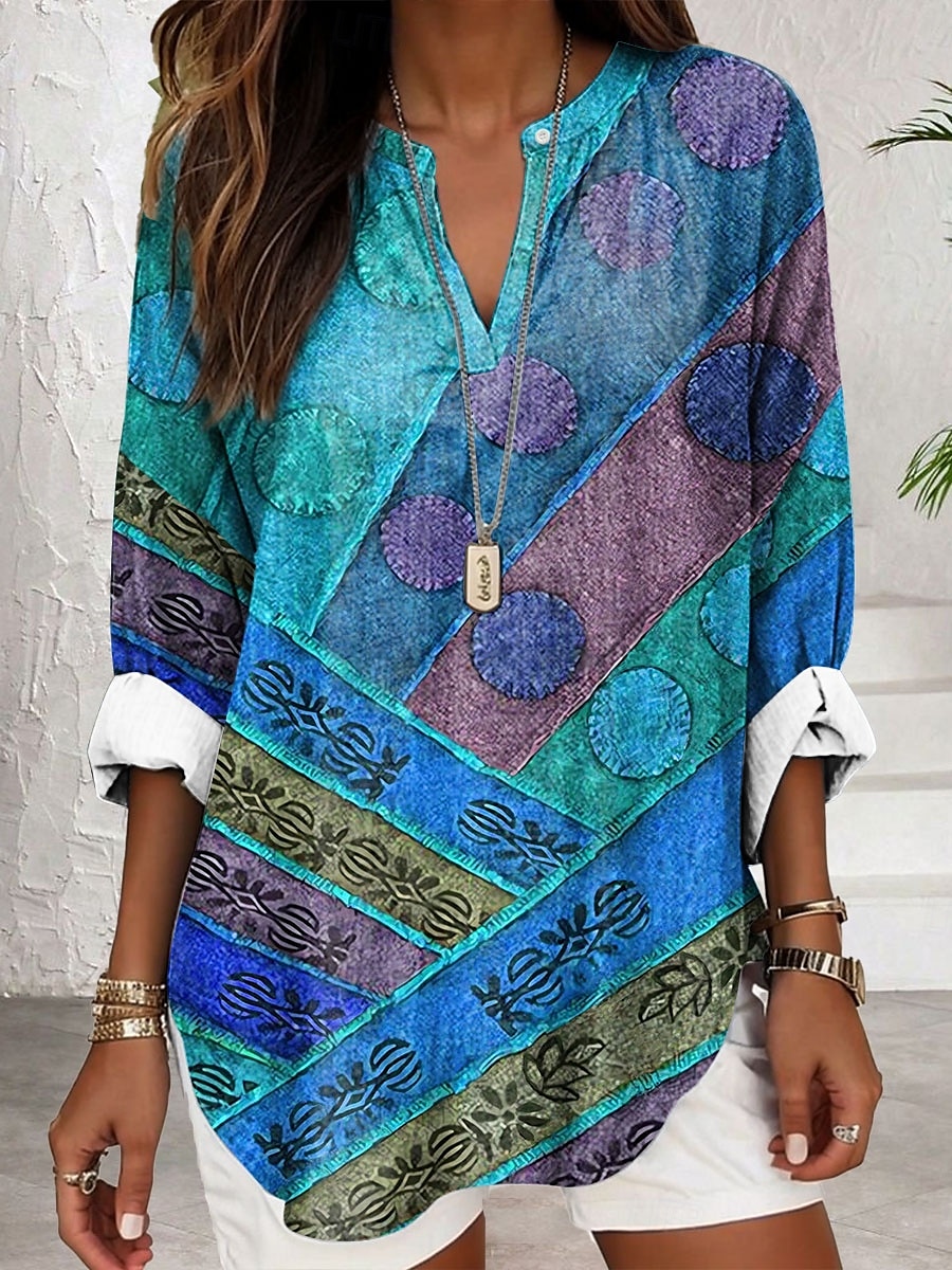 Dame Bluse Blomstret Grafisk Geometrisk Elegant Stilfull Langermet V-hals Vanlige topper Daglig Ferie Trykt mønster Rød Blå Lilla Grønn Sommer Vår 2025 - $24.99 –P1