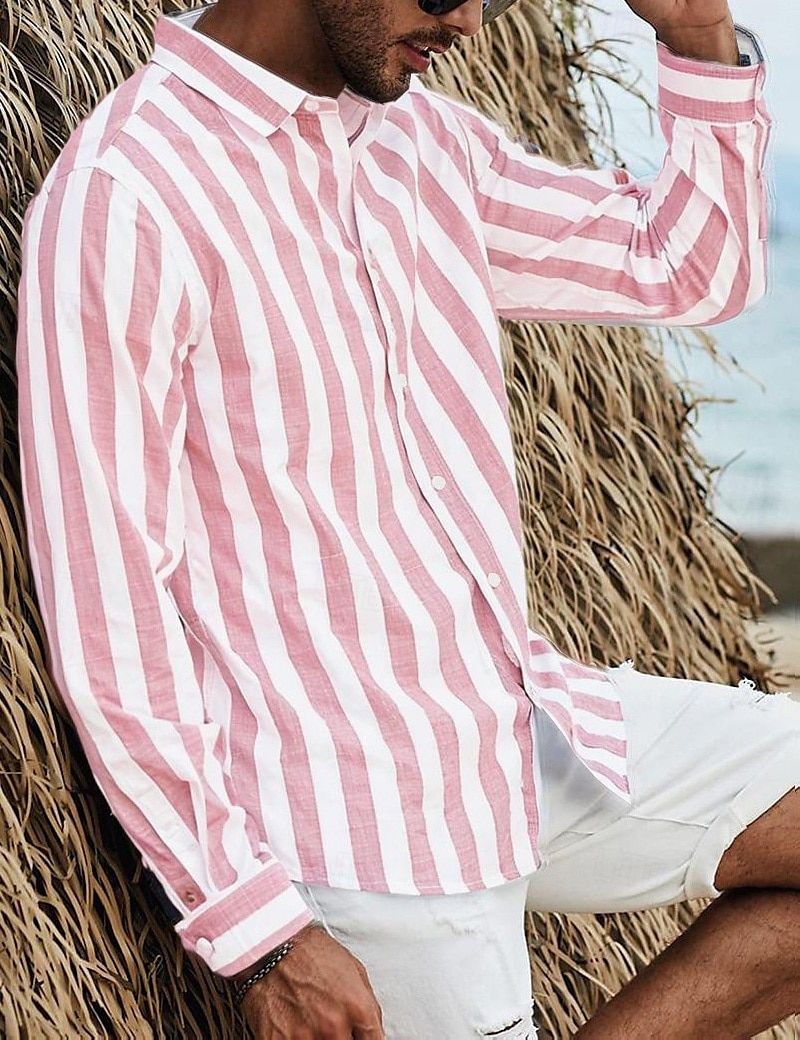 Herren Hemd Sommerhemd Strandbekleidung Knopfhemd Hellrosa Schwarz Rosa Himmelblau Dunkelgrau Langarm Gestreift Kragen Urlaub Kreuzfahrt Bekleidung Mode Freizeit Hawaiihemd 2025 - $24.99 –P2