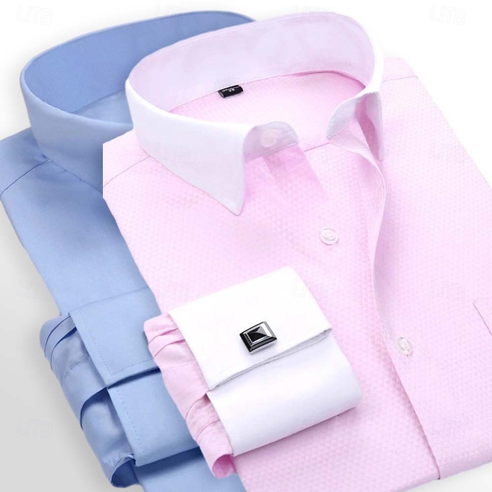 2025年 男性用 シャツ ドレスシャツ フレンチカフシャツ 平織り 結婚式 ビジネス ピンクとパープル ブルーとライトブルー 黄色 + 青 イエロー+ピンク 長袖 カラー オールシーズン 衣類 ポケット  コレクション – $33.99 –P5