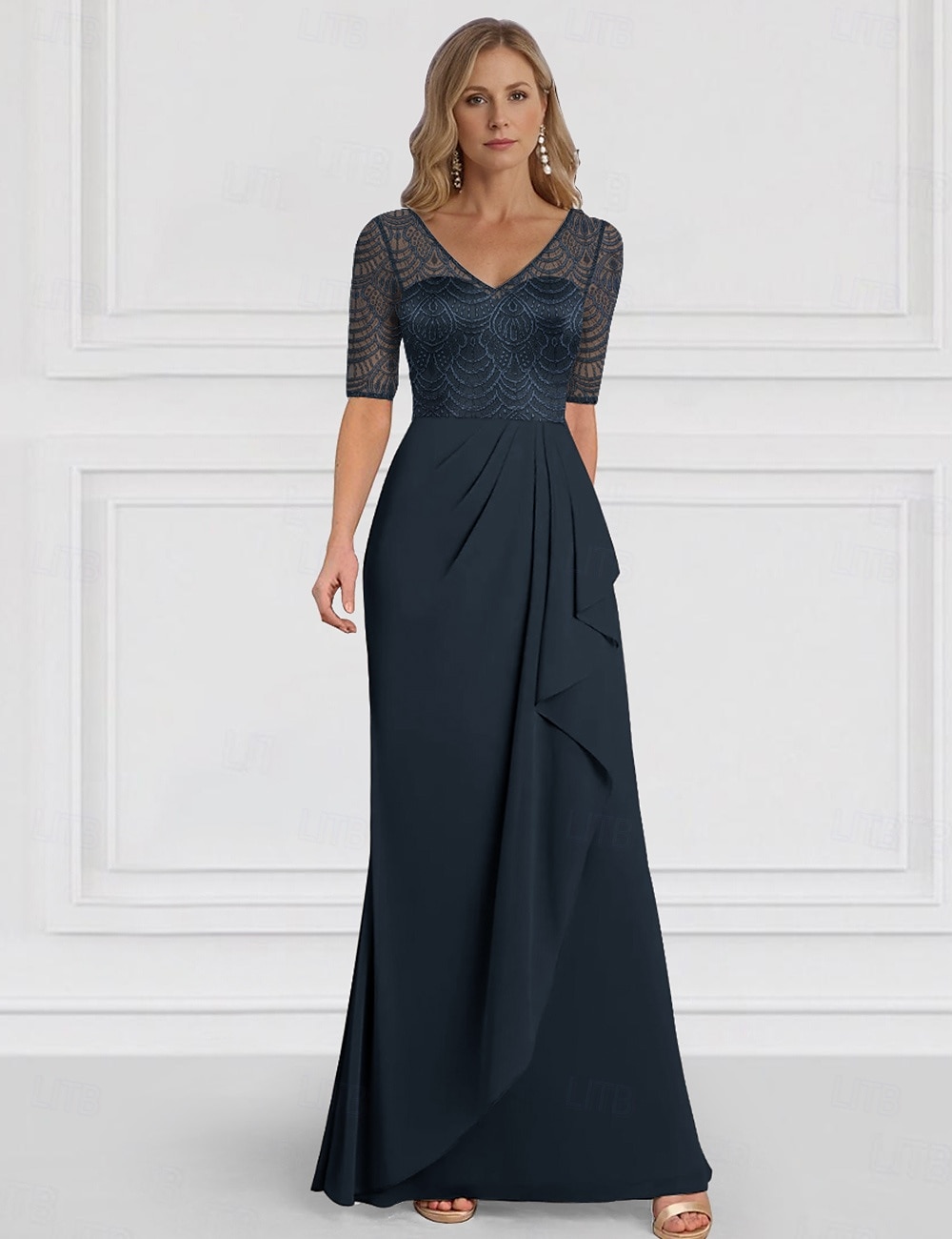 A-Linie Brautmutterkleid Hochzeitsgast Elegant V Ausschnitt Bodenlang Chiffon Halbarm mit Rüschen Einfarbig 2025 2025 - $129.99 –P4