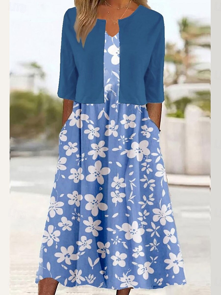 Damen Kleid-Set A Linie Kleid Sommerkleid Party Halbformelle Kleider Blumen Grafik Druck Midikleid Halbarm V Ausschnitt Hochzeitsgast Täglich Weiß Marineblau Himmelblau Sommer Frühling Normale 2025 - $36.99 –P1