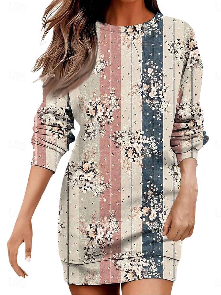 Dames Mini-jurk Hemdjurk Casual Vakantie Feestdagen Uitgaan Normale pasvorm Bloemig Grafisch Geometrisch Lange mouw Strakke ronde hals Roestig rood Paars khaki Herfst Winter 2025 - $27.99 –P2