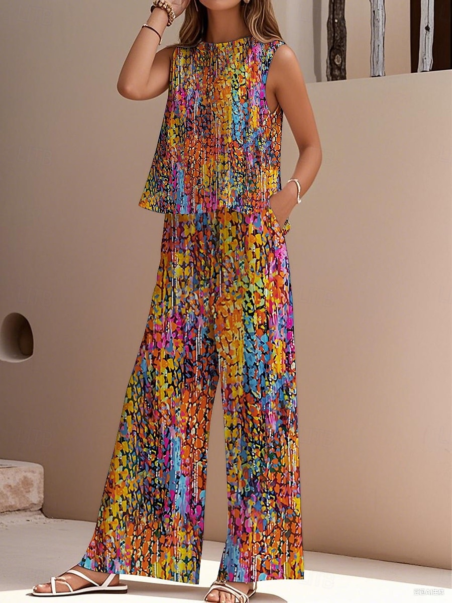 Completo due pezzi elegante da donna, stile streetwear, con camicetta, gilet, pantaloni, senza maniche, girocollo, casual, da lavoro, per attività all'aperto, con stampa floreale, per le vacanze, vintage, per tutti i giorni, blu, viola, fucsia, estivo, ve del 2025 a $36.99 –P2