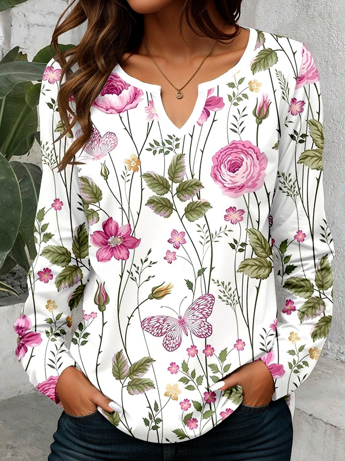 Damen T Shirt Blumen Grafik Pflanzen Vintage Stilvoll Klassisch Langarm V Ausschnitt Einkerbiger Ausschnitt Normale Oberteile Täglich Druck Khaki Rosa Leicht Blau Frühling Herbst 2025 - $24.99 –P1