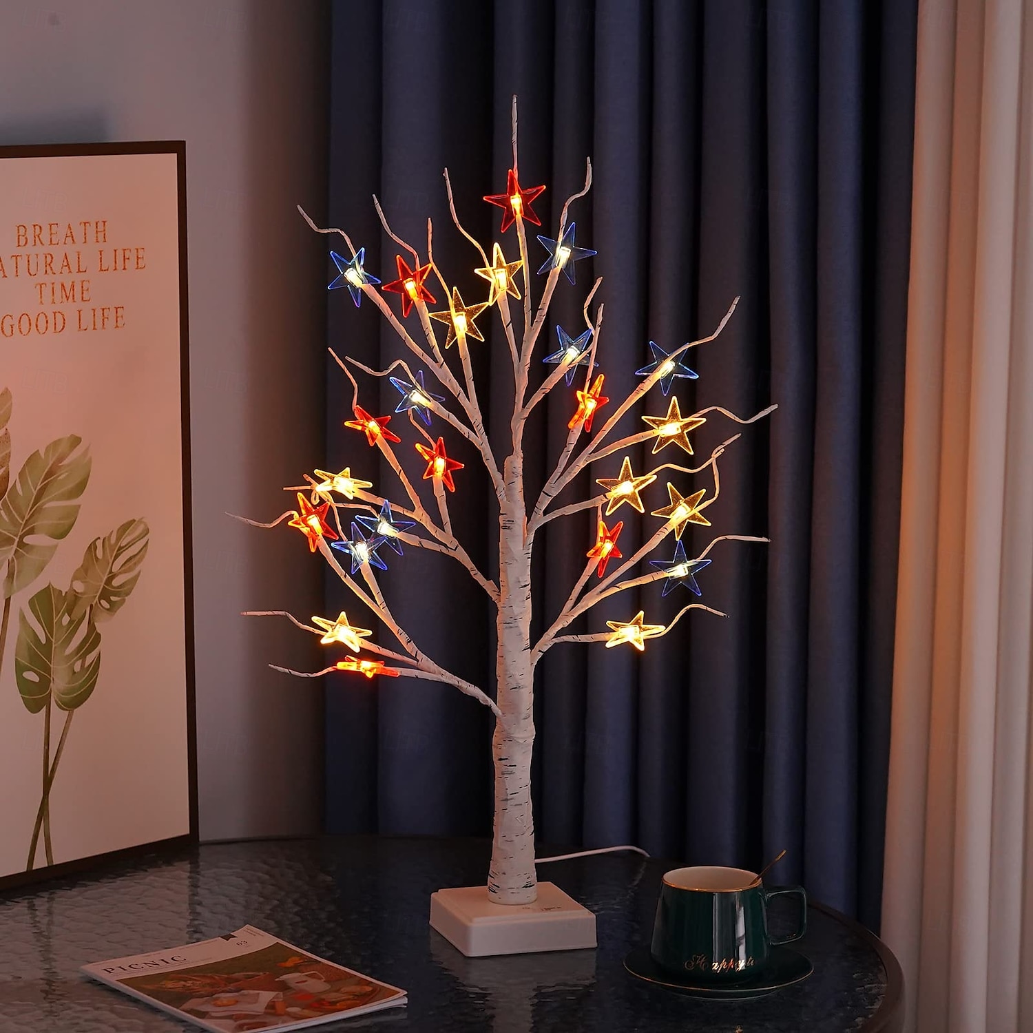 מנורת שרשרת פטריוטית דקורטיבית DIY לעץ מלאכותי, 24 נורות לד לעץ ליבנה, עץ מואר המופעל באמצעות סוללה/USB ליום העצמאות הרביעי ביולי לעיצוב שולחן ומסיבת הבית 2025 - $16.49 –P3