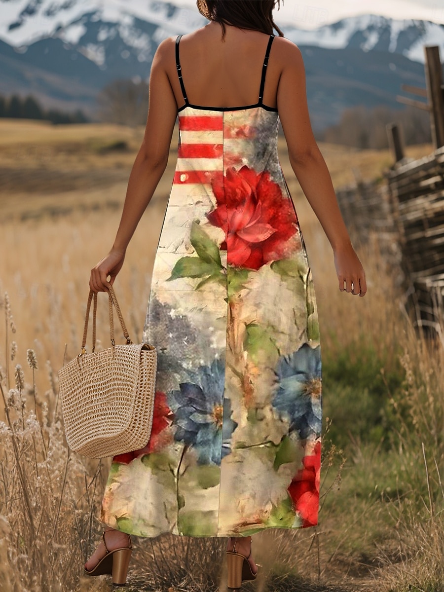 Rochie maxi patriotică pentru femei rochie în linie A rochie tip slip pentru vacanță casual grafic cu steagul american fără mâneci cu decolteu în V bretele spaghetti galben deschis roșu bleumarin 2025 - $27.99 –P2