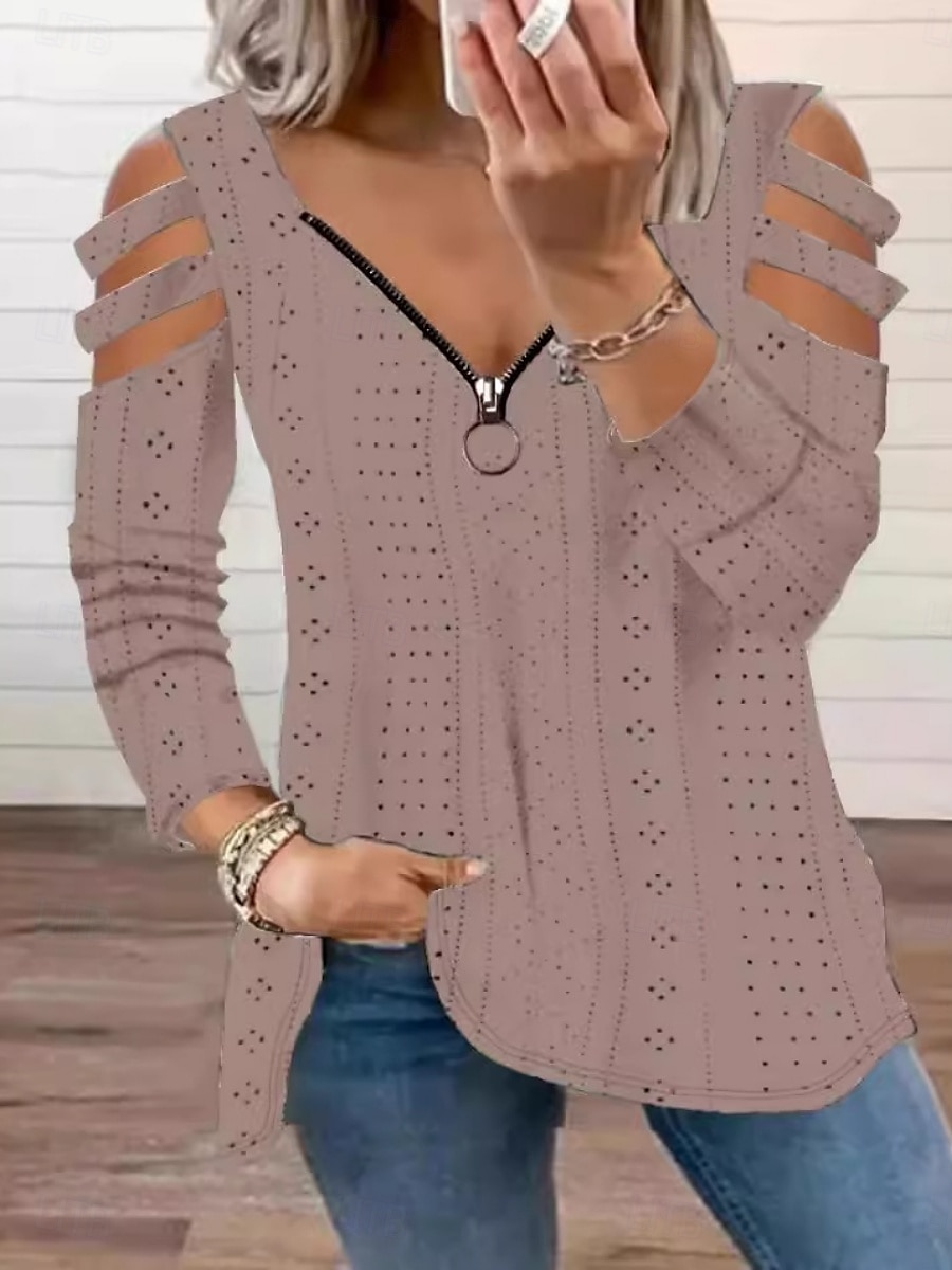 Damen Bluse Einfarbig Stilvoll Lässig Langarm V Ausschnitt Normale Oberteile Täglich Ausgehöhlt Reißverschluss Schwarz Weiß Rosa Blau Grün Sommer Frühling 2025 - $19.99 –P2