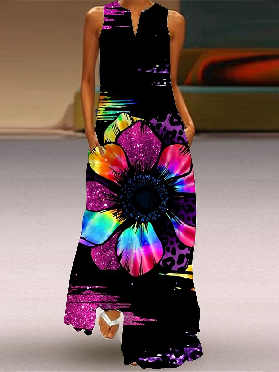 Femmes Robe maxi Robe d'Été Robe trapèze Robe d'été Vacances Occasionnel Boho Fête Coupe Ample A Ombre Fleuri Graphique Sans manches Col en V Encolure en V Noir et Blanc Jaune clair Magenta Noir Ét de 2025 ? $36.99 –P4