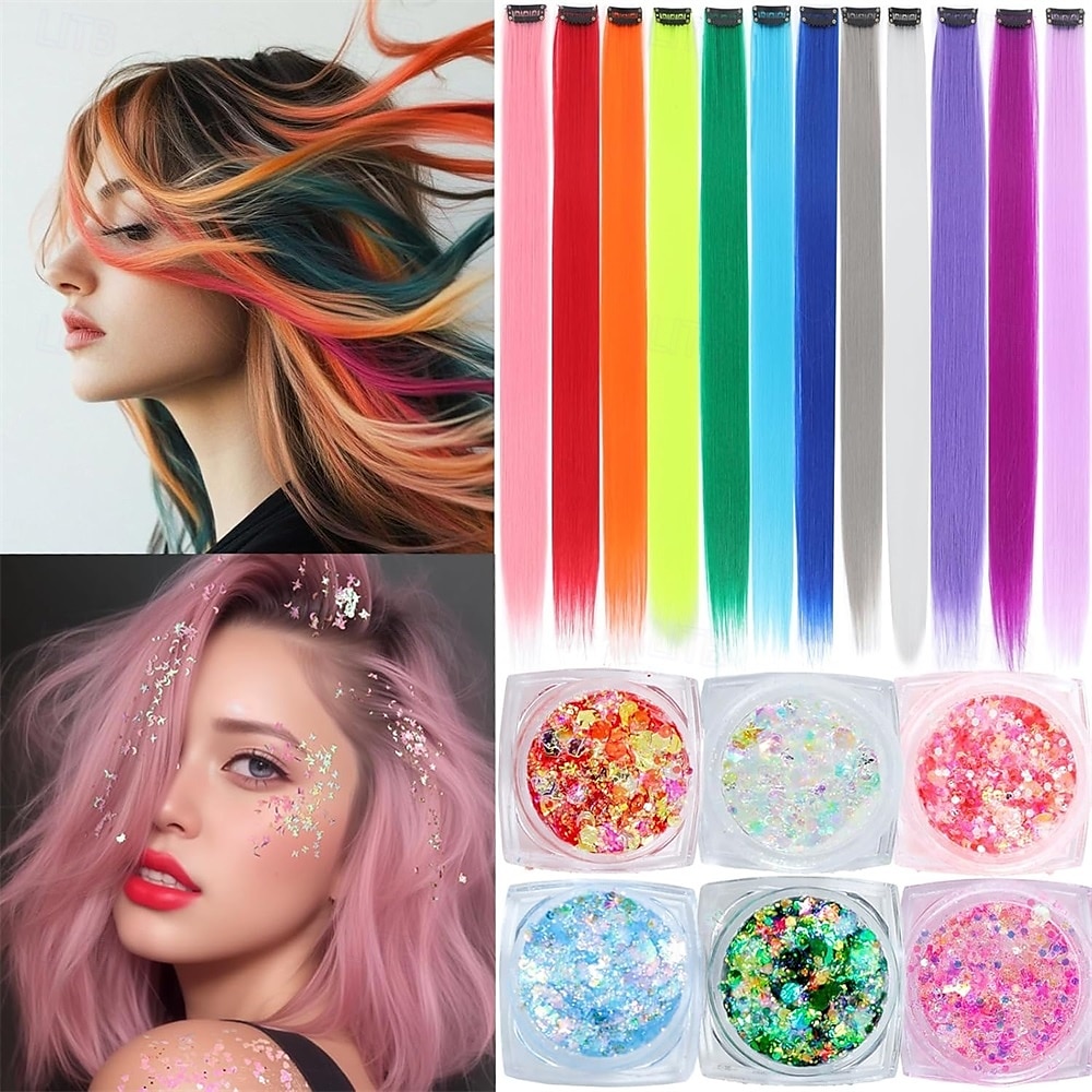 Extension per capelli colorati, 22 pollici, clip lisce, extension per capelli corpo viso capelli glitter multicolore arcobaleno rosa rosso extension per capelli per bambine ragazze donne del 2025 a $12.49 –P3