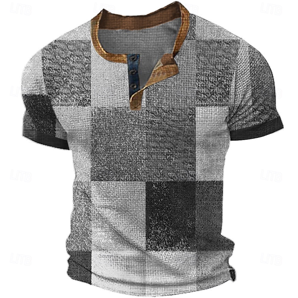 Miesten Faux Patchwork kuvio Henley-paita Vohveli T-paita Lyhythihainen Päivittäin Retro / vintage Klassinen Urheilu ja ulkoilu Kausaliteetti Pyhäpäivä Kevät kesä Kaikki vuodenajat Sininen Keltainen 2025 - $19.99 –P6