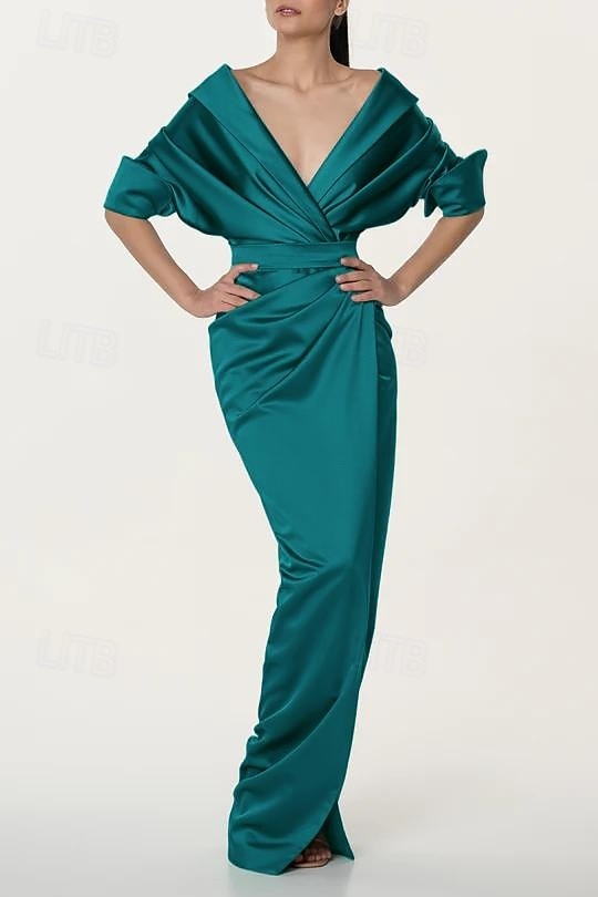 Meerjungfrau  Trompeten Brautmutter Kleid Elegantes Einfaches Minimalistisches V-Ausschnitt Portrait-Kragen Bodenlang Stretch-Satin Halblange Ärmel mit gerafften Details und Schlitz 2025 - $143.99 –P4