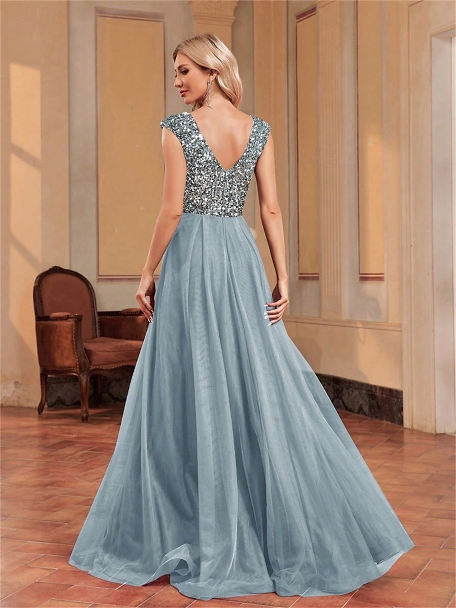 Abiti per Quinceanera A-Line elegante abito formale per matrimonio lunghezza del pavimento senza maniche scollo a V tulle con schiena a V e paillettes del 2025 a $99.99 –P6