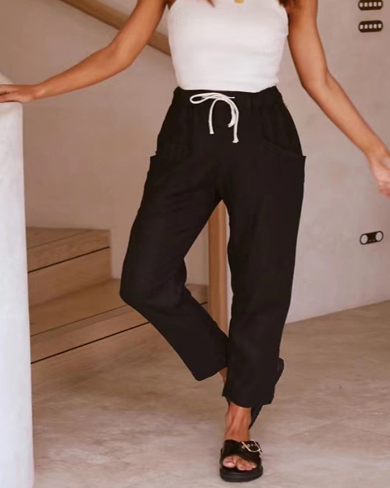 Women's Cotton Linen Pants Slacks Streetwear Casual Full Length Natural Plain Pocket Elastic Drawstring Design Comfy Outdoor Comfortable Holiday Daily Wear Going out Rust Light Sky Blue Grey Black 2025 - $27.99 –P6