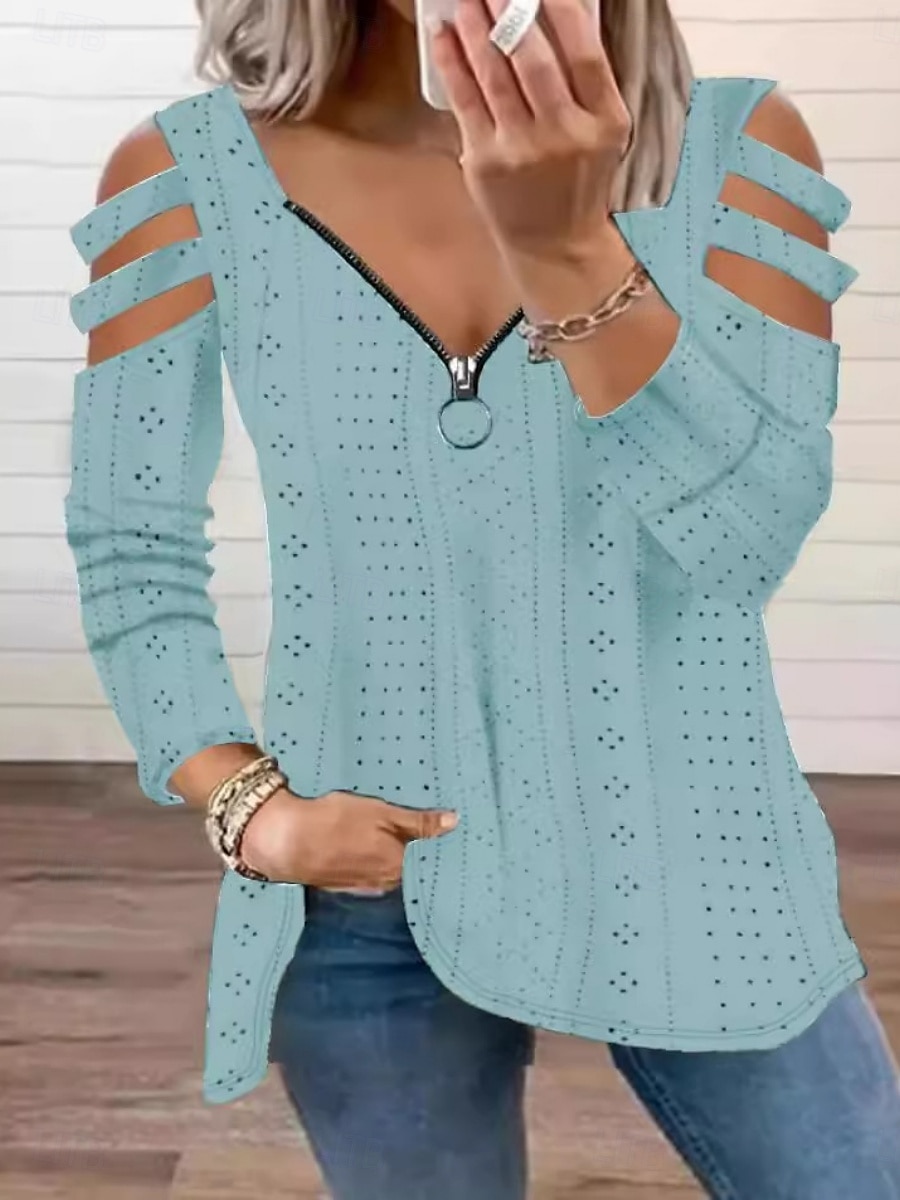 Damen Bluse Einfarbig Stilvoll Lässig Langarm V Ausschnitt Normale Oberteile Täglich Ausgehöhlt Reißverschluss Schwarz Weiß Rosa Blau Grün Sommer Frühling 2025 - $19.99 –P4