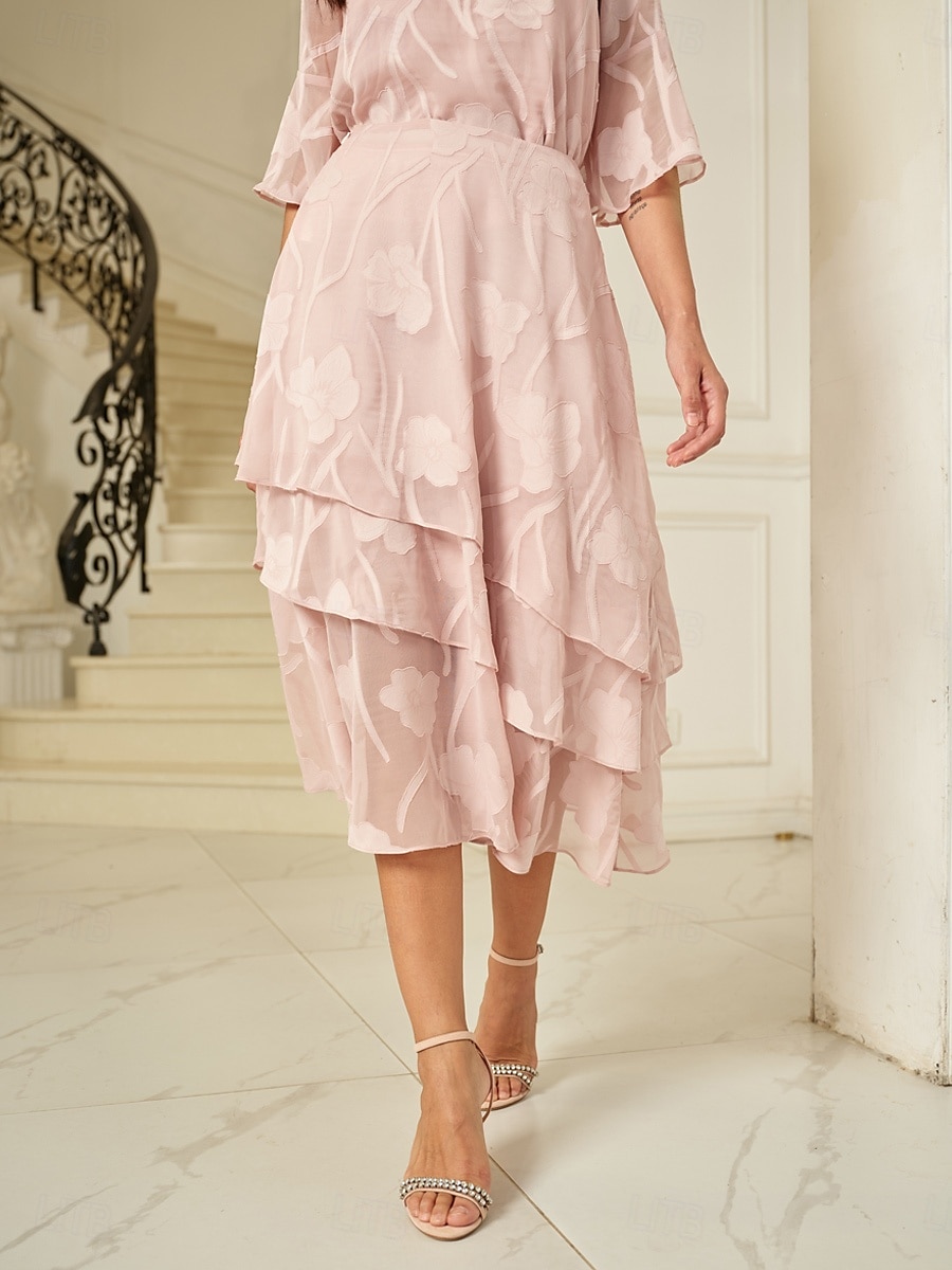 Dame الالتفاف Elegant Midi Medium Midje Skjørt Blomster Multi Layer Uelastisk Fest Avslappet Rosa Sommer Chiffon 2025 - $59.99 –P5