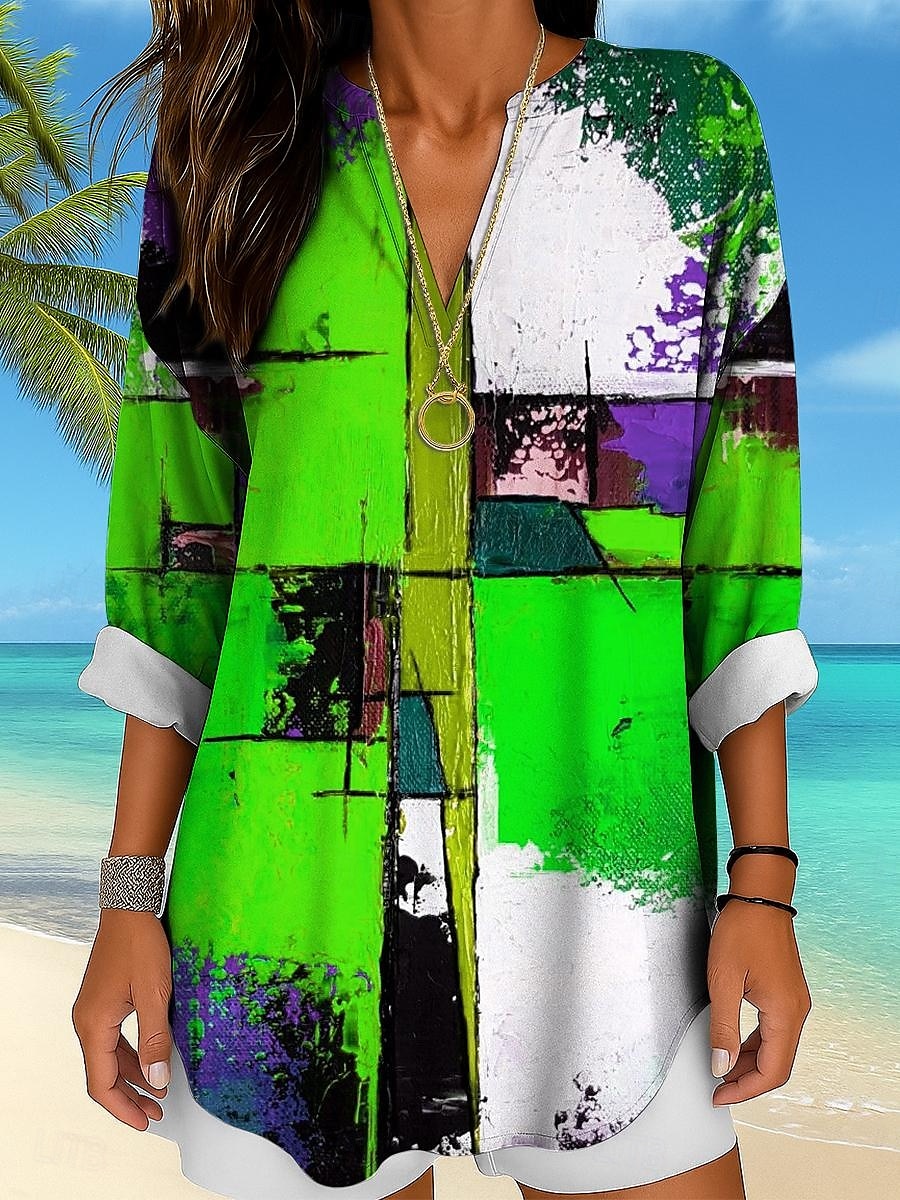 Femmes Chemisier Graphique Géométrique Abstrait ancien Tropical Hawaïen manche longue Col en V Hauts Réguliers Quotidien Fête Tenue de plage Imprimé Jaune Rouge Bleu Violet Vert Été Printemps de 2025 ? $19.99 –P7