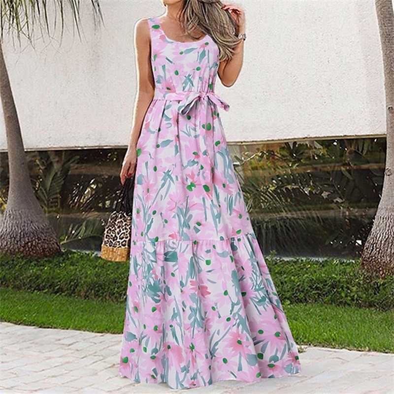 Femmes Robe Longue Maxi Robe Robe Décontractée Robe évasée Robe d'été Robe Nuisette Élégant Mode Moderne Quotidien Plage Week-end Coupe régulière Fleur Sans manches Col ras du cou Noir Blanche Rose de 2025 ? $20.99 –P6