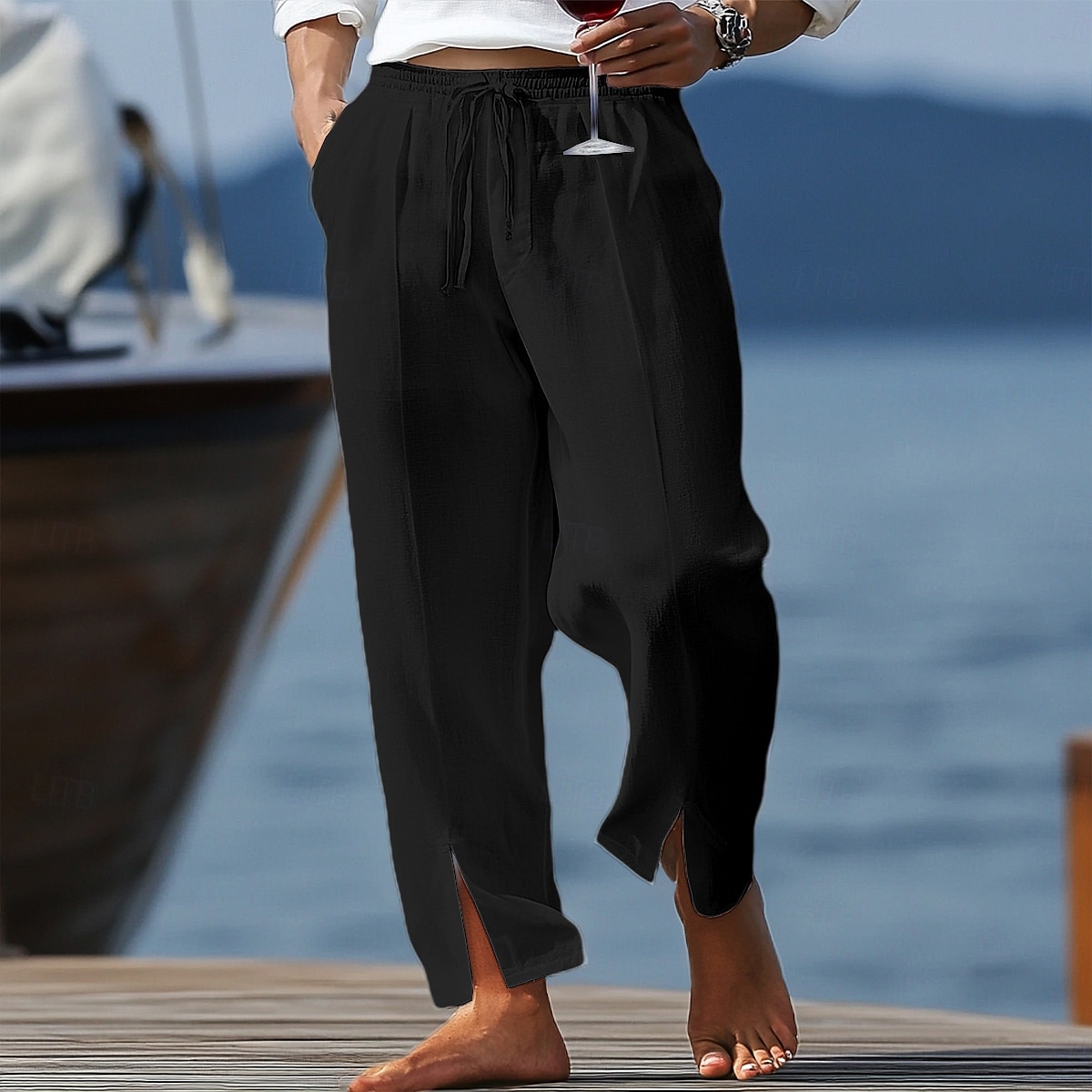 Homens Calças de linho Calças Calça verão Calças largas Com Cordão Cintura elástica Fenda Tecido Conforto Respirável Comprimento total Casual Diário Feriado Férias Moda Preto Branco Sem Elasticidade de 2025 por $25.99 –P7