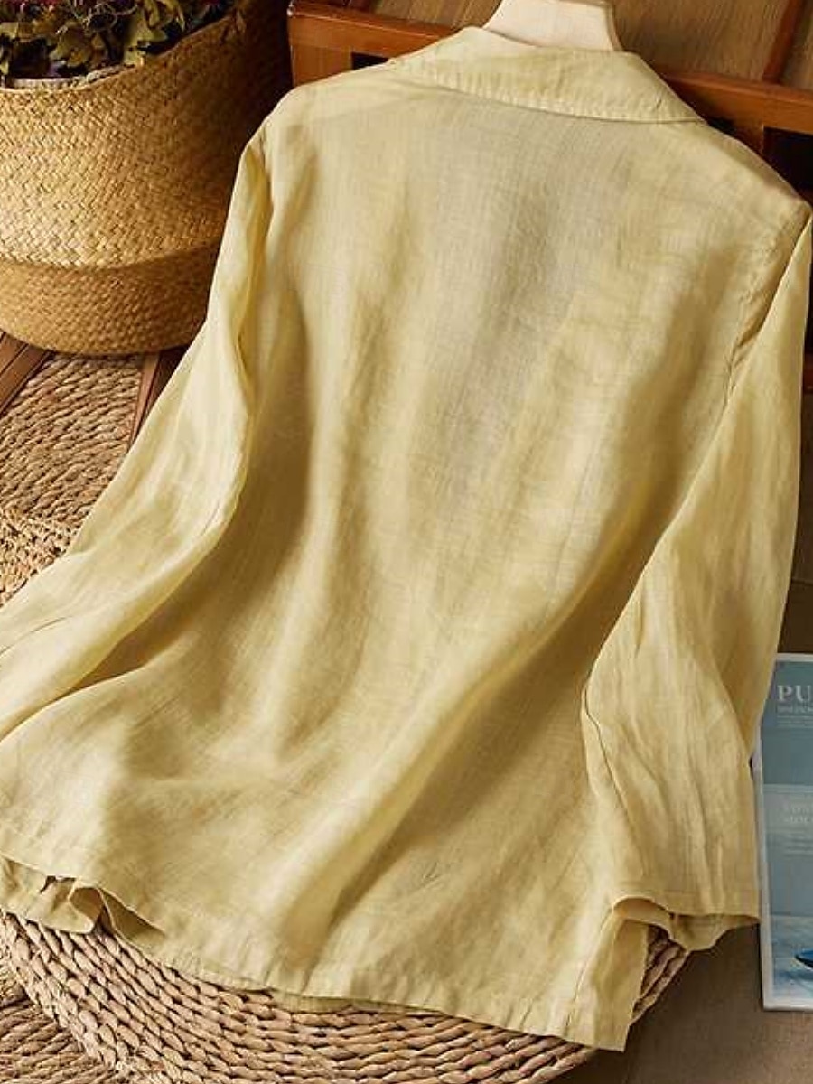 Women's Cotton Linen Blazer Solid Color Stylish Basic Casual Long Sleeve Shirt Collar Regular Tops Work Daily Buttons White Yellow Summer 2025 - $29.99 –P2