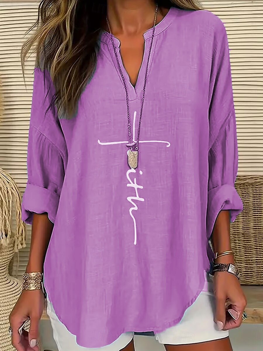 Femmes Chemisier Graphique Lettre Élégant ancien Tropical manche longue Col en V Hauts Réguliers Quotidien Fête Imprimé Noir Bleu Violet Vert Beige Été Printemps Automne de 2025 ? $24.99 –P5