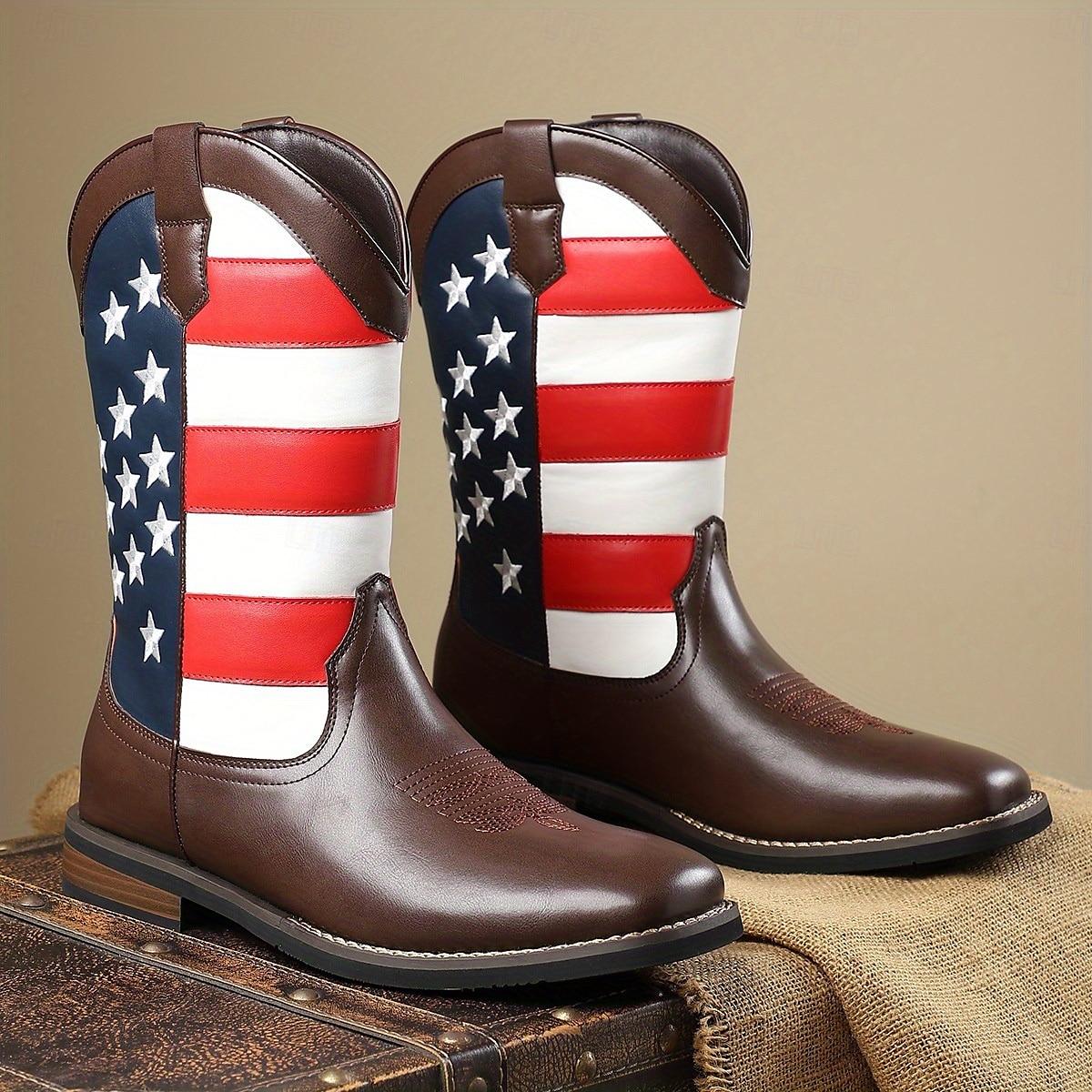 Men’s Brown Faux Leather Western Boots with American Flag Design – Durable Leather Boots for Outdoor Adventures, Country Events and Patriotic Celebrations 2025 - $59.99 –P1