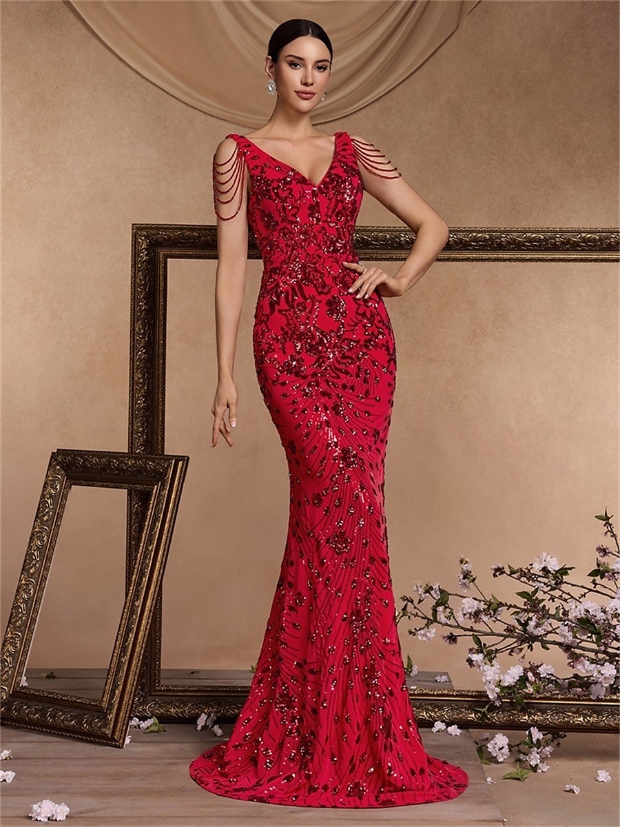 Vestidos de quinceañera de sirena/trumpet vestido elegante boda invitada de boda larga sin mangas con cuello de pico poliéster sin espalda con lentejuelas 2025 - $109.99 –P7