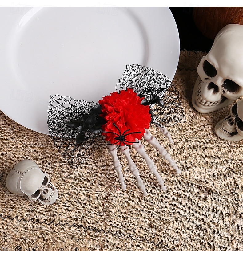 Fermaglio per capelli a forma di teschio di Halloween con osso e rosa, fermaglio laterale in rete spettrale, accessorio per capelli unico per costumi da festa del 2025 a $6.99 –P6