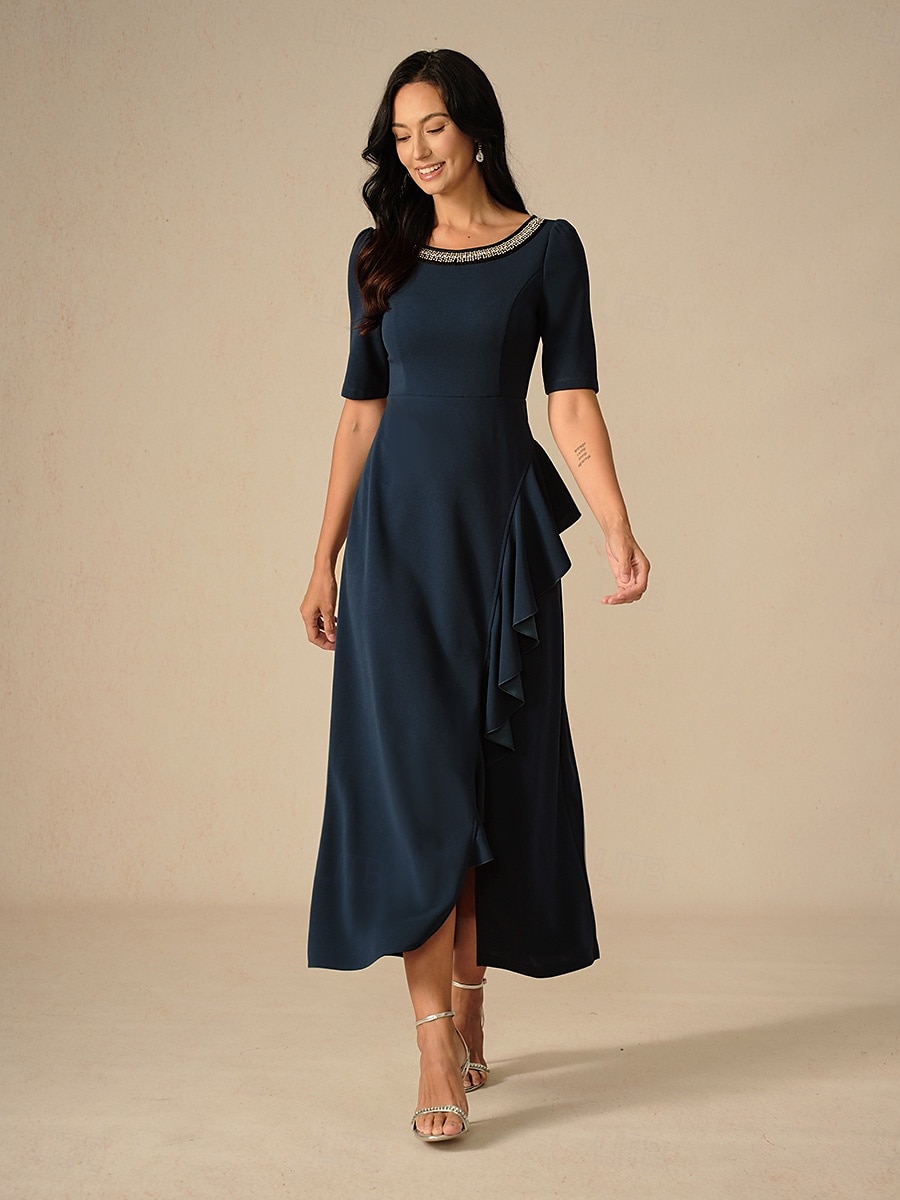 Dame Maxikjole Rysjekjole Elegant Normal Helfarge Kortermet Crew-hals Navyblå Sommer Vår Høst 2025 - $99.99 –P1