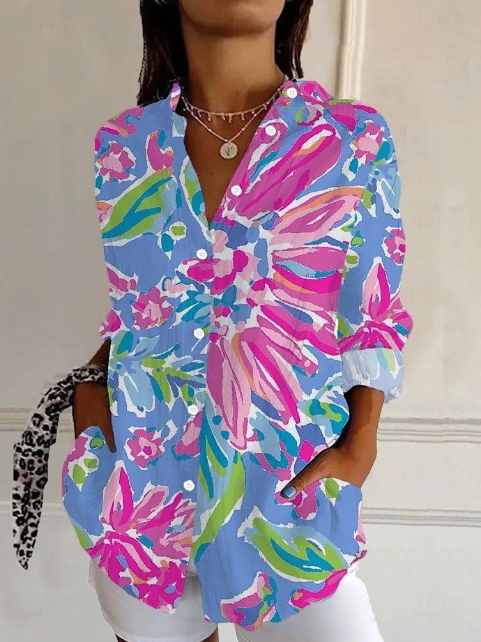 Women's Shirt Floral Graphic Abstract Vintage Tropical Daily Long Sleeve Shirt Collar Regular Tops Work Daily Holiday Buttons Print Red Blue Orange Green Summer Spring 2025 - $32.99 –P2