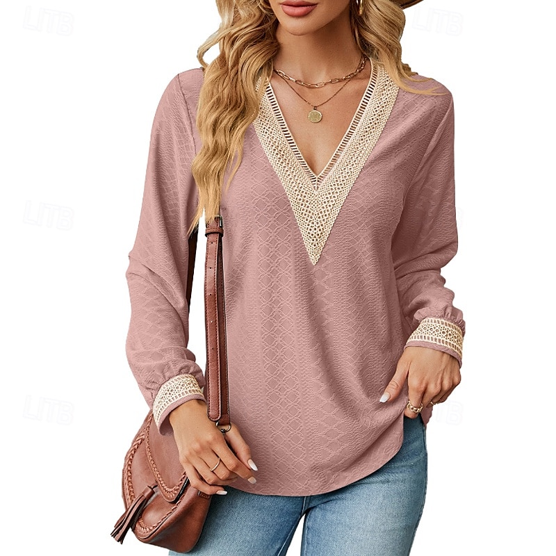 Damen Bluse Farbblock Modern Lässig Langarm V Ausschnitt Normale Oberteile Täglich Ferien Patchwork Gras-Grün Erröten Sie Rosa Schwarz Rosa Wein Sommer 2025 - $21.99 –P8