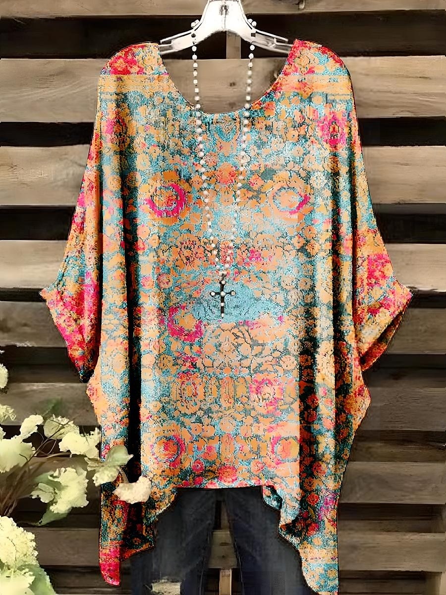 Women's Blouse Graphic Leopard Geometric Elegant Vintage Daily Short Sleeve Batwing Sleeve Crew Neck Regular Tops Daily Holiday Vacation Wear Red Blue Orange Khaki Summer Spring 2025 - $22.99 –P2