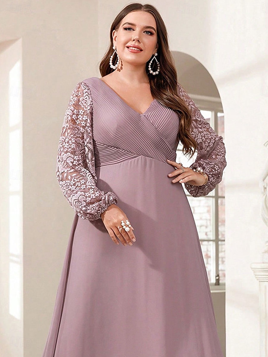 A-Linie Abendkleid Elegantes Kleid Formelle Hochzeit Bodenlänge Langarm V-Ausschnitt Chiffon mit Blumenmuster 2025 - $109.99 –P4