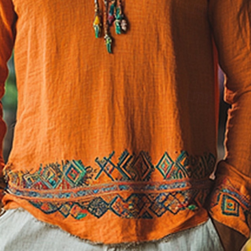 Homens Camisa de linho camisa de verão camisa vintage Camisa étnica Camisa de manga longa Losango Férias Rua Laranja Manga Longa Gola Redonda Verão Primavera Roupa Cavaleiro medieval de 2025 por $25.99 –P3