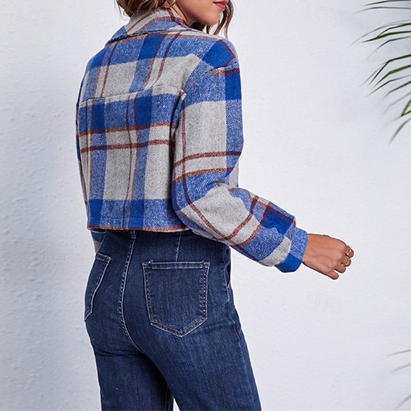 Damen Hemdjacke Warm Bequem Tasche Mode Outdoor Karomuster Ausgehen Wochenende Kurz Umlegekragen Normale Passform Langarm Oberbekleidung Grau Herbst Winter 2025 - $26.99 –P4