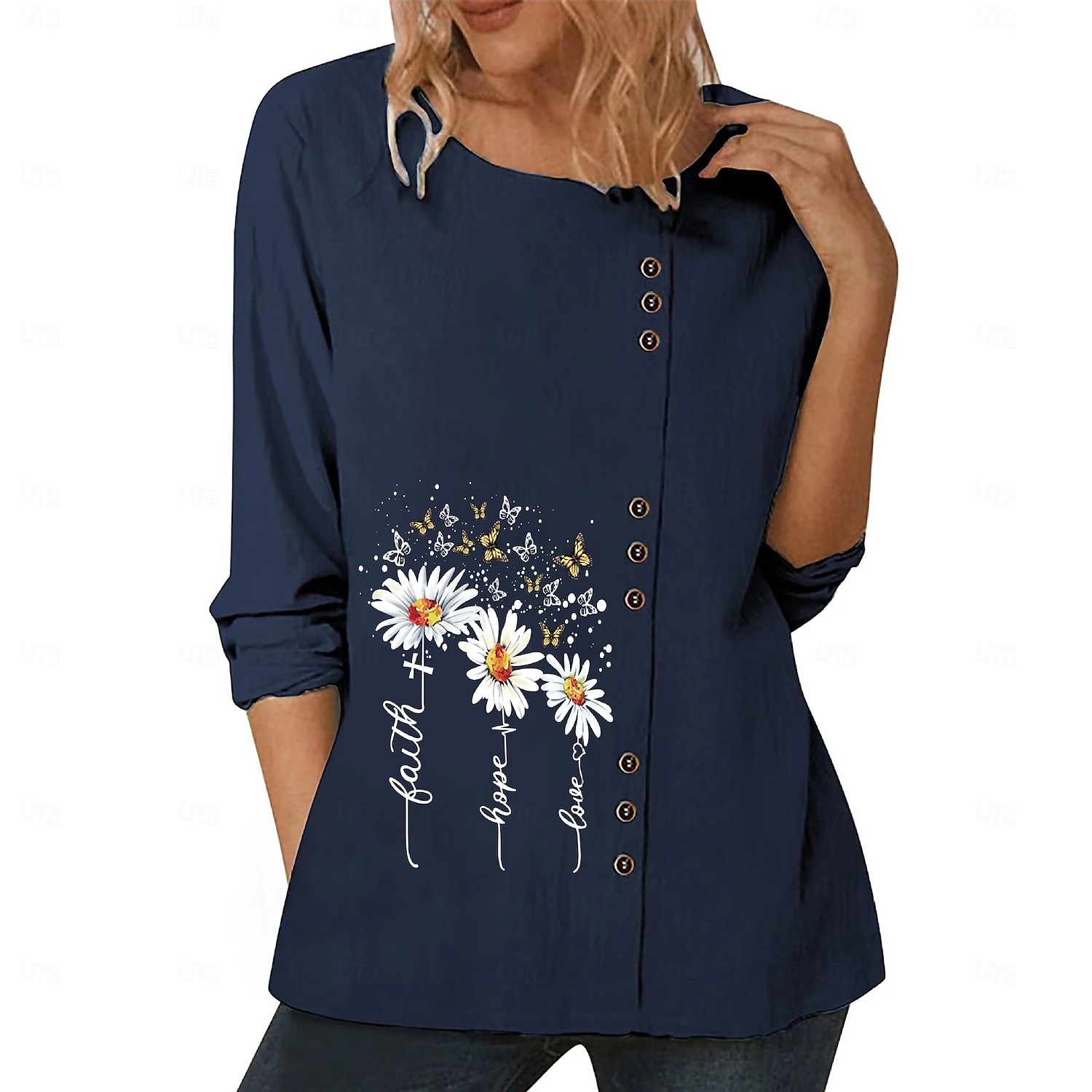 Chemisier femme coton lin fleuri élégant mode moderne manches longues col ras du cou régulier hauts quotidien sortie week-end blanc bleu bleu foncé automne de 2025 ? $19.99 –P3