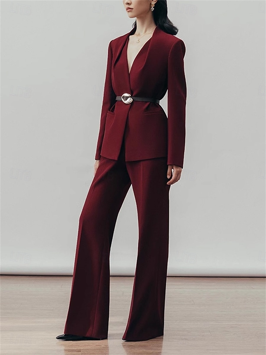 Tvådelad Byxdress Brudens Mor Kragefri Plisserad Blazer Set V-Nacke Långa Ärmar Golvlängd Byxor 2025 - $169.99 –P2