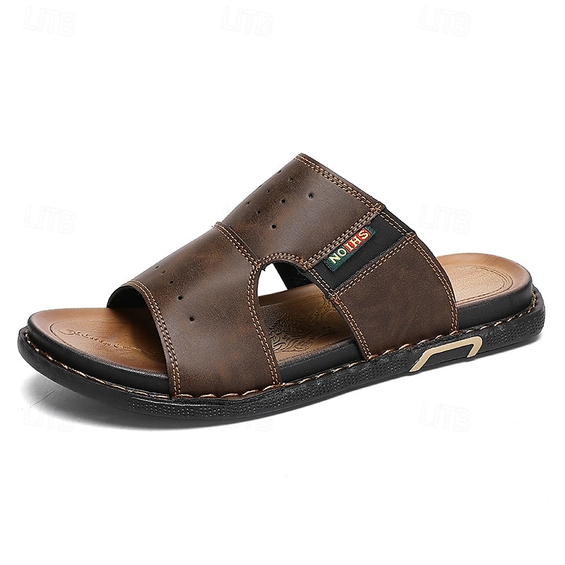 Brune slip-on sandaler til herre, myke sommersandaler i kunstskinn for innendørs komfort, helgeærender og uformell utendørsbruk 2025 - $26.99 –P1
