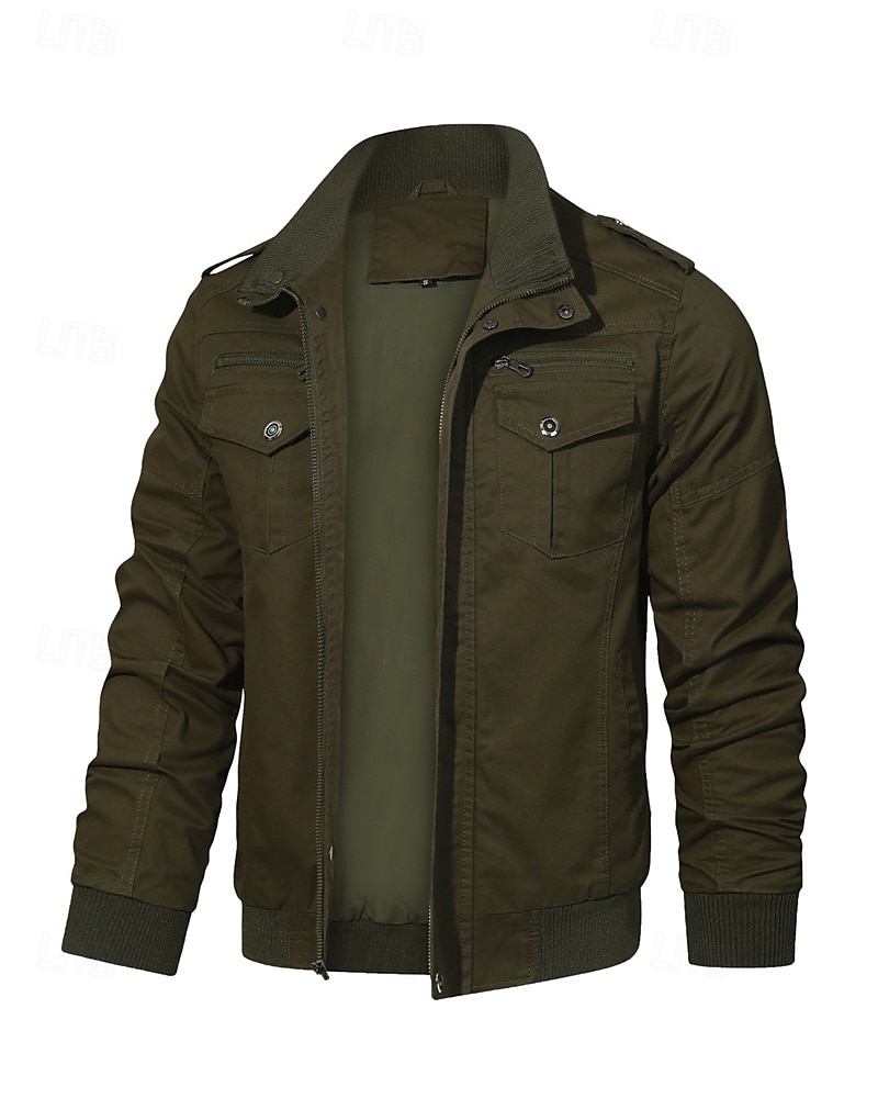 Men's Trucker Jacket Cargo Jacket Casual Jacket Vacation Daily Pocket Spring Fall Plain Fashion Classic Stand Collar Regular Black Khaki Army Green Jacket 2025 - $53.99 –P13