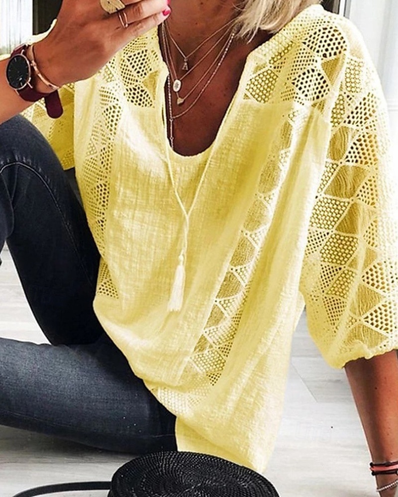Femmes Chemisier Hauts en dentelle Uni Élégant Moderne Manche 3/4 Col en V Hauts Réguliers Fête Sortir Dentelle Noir Jaune Gris Été de 2025 ? $19.49 –P1