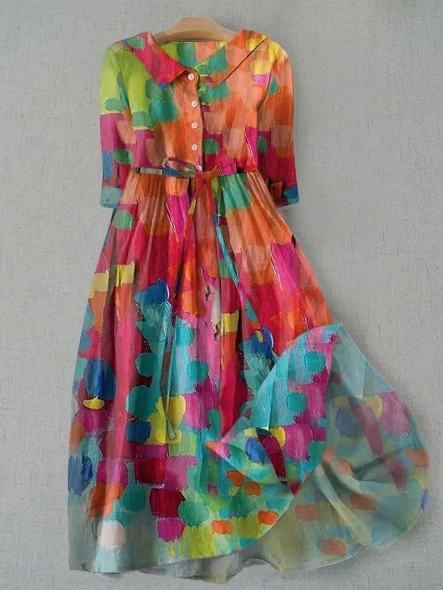 Women's Midi Dress Shift Dress Casual Daily Regular Fit Graphic Geometric Half Sleeve Lapel Pink Blue Green Summer Spring 2025 - $37.99 –P2