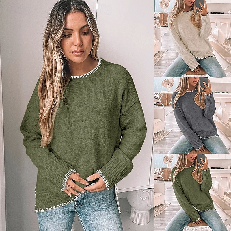 Damen Pullover Lässig Weich Einfarbig Gerippt Rundhalsausschnitt Patchwork Gestrickt Langarm Normale Oberteile Stricken Outdoor Täglich Wochenende Grün Khaki Herbst Winter 2025 - $39.99 –P1