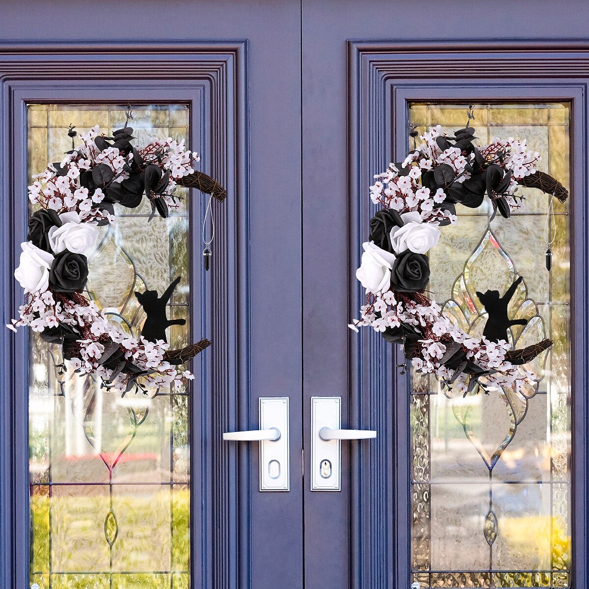 Coronițe LED de Halloween pentru decorarea ușii din față, interioare și exterioare, coroană de pisică cu lună și ramuri moarte, trandafir alb și negru, pentru decorul ferestrei de Halloween de Ziua 2025 - $15.99 –P6