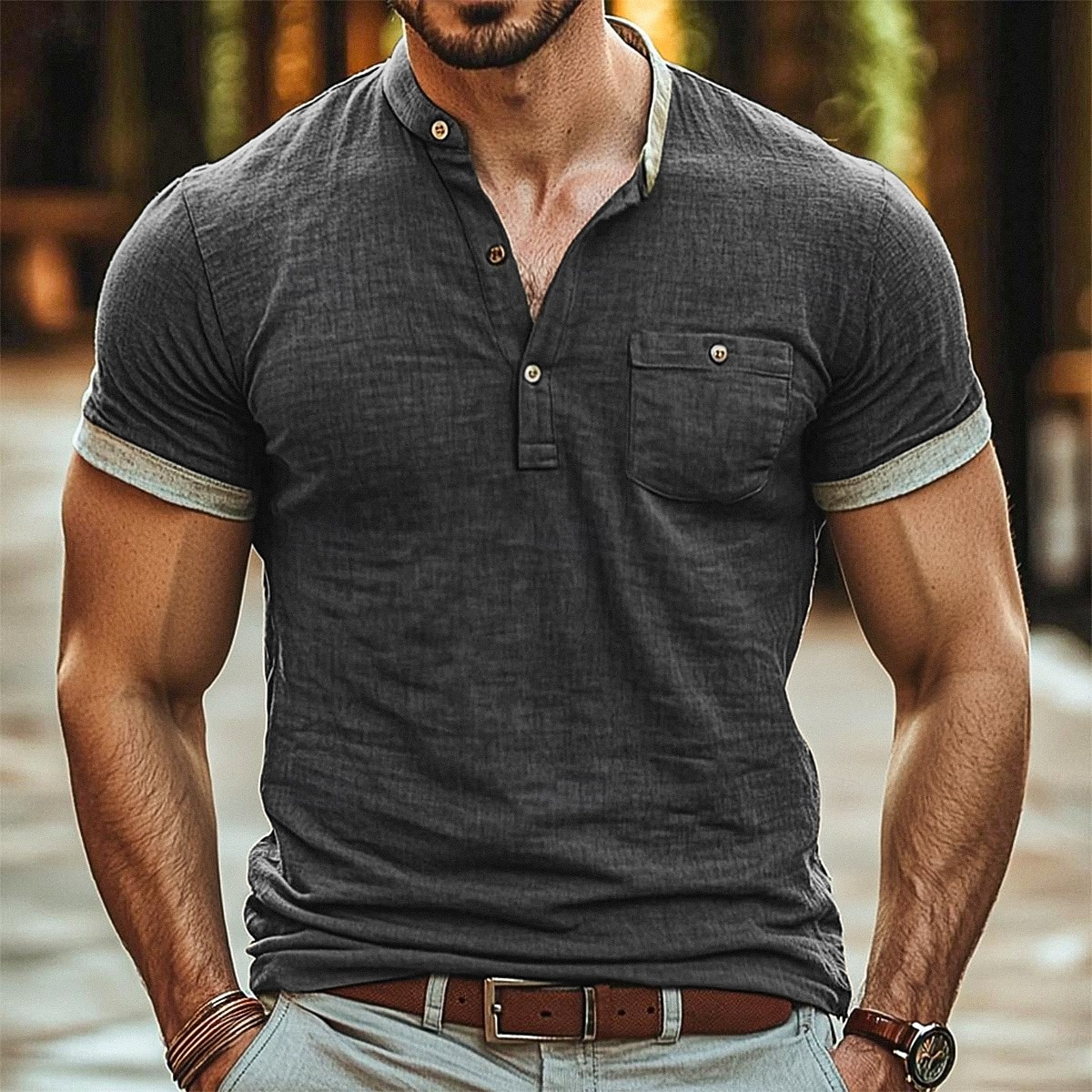 Men's Linen Shirt Cotton Linen Shirt Henley Shirt Tee Henley Top Short Sleeve Solid Color Plain Fashion Designer Casual Color Block Buttons Henley Outdoor Casual Daily Summer All Seasons Navy Blue 2025 - $20.99 –P5